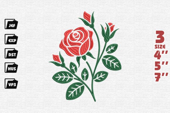 Classic Red Rose Stem Embroidery Design