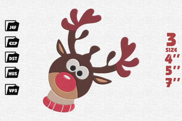 Cute Round Christmas Reindeer Embroidery Design
