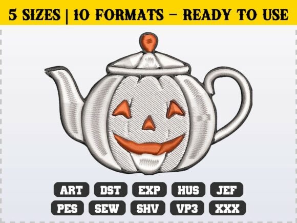 Fall Halloween Teapot Pumpkin Embroidery