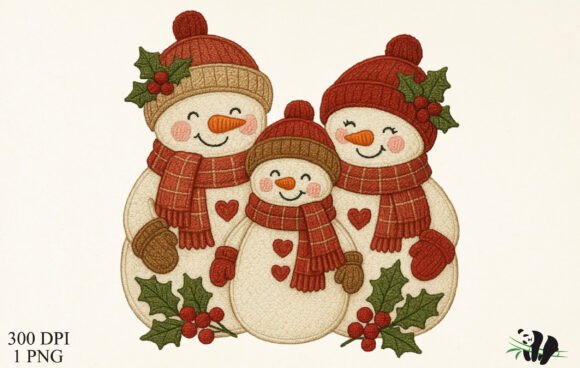 Faux Embroidery Cute Snowman Family PNG