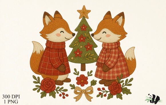 Faux Embroidery Fox Couple Christmas PNG