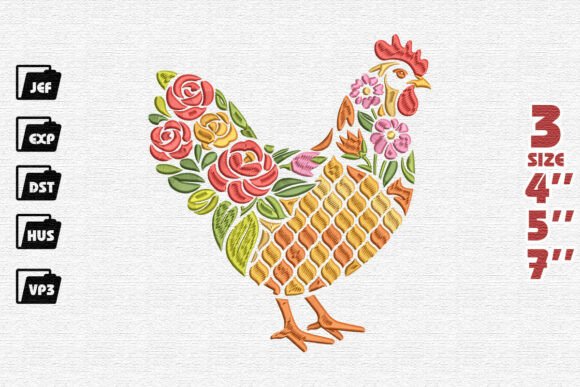 Folk Art Floral Chicken Embroidery Design