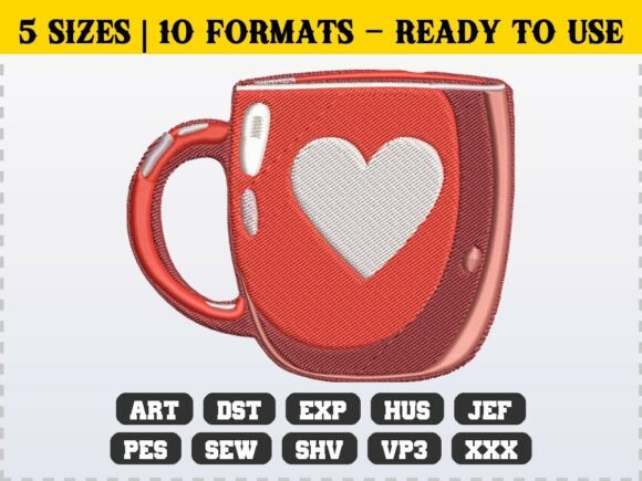 Love Heart Coffee Mug Embroidery Design