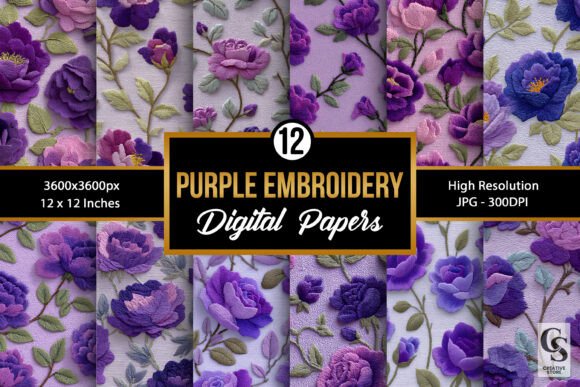 Purple Flowers Embroidery Digital Paper
